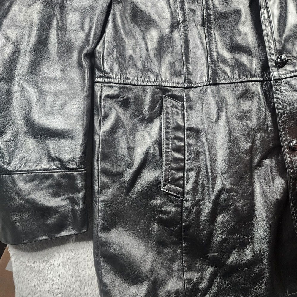 VINTAGE Reed Sportswear Coat Mens XL Black Leather Overcoat Pockets Midlength - Picture 6 of 15